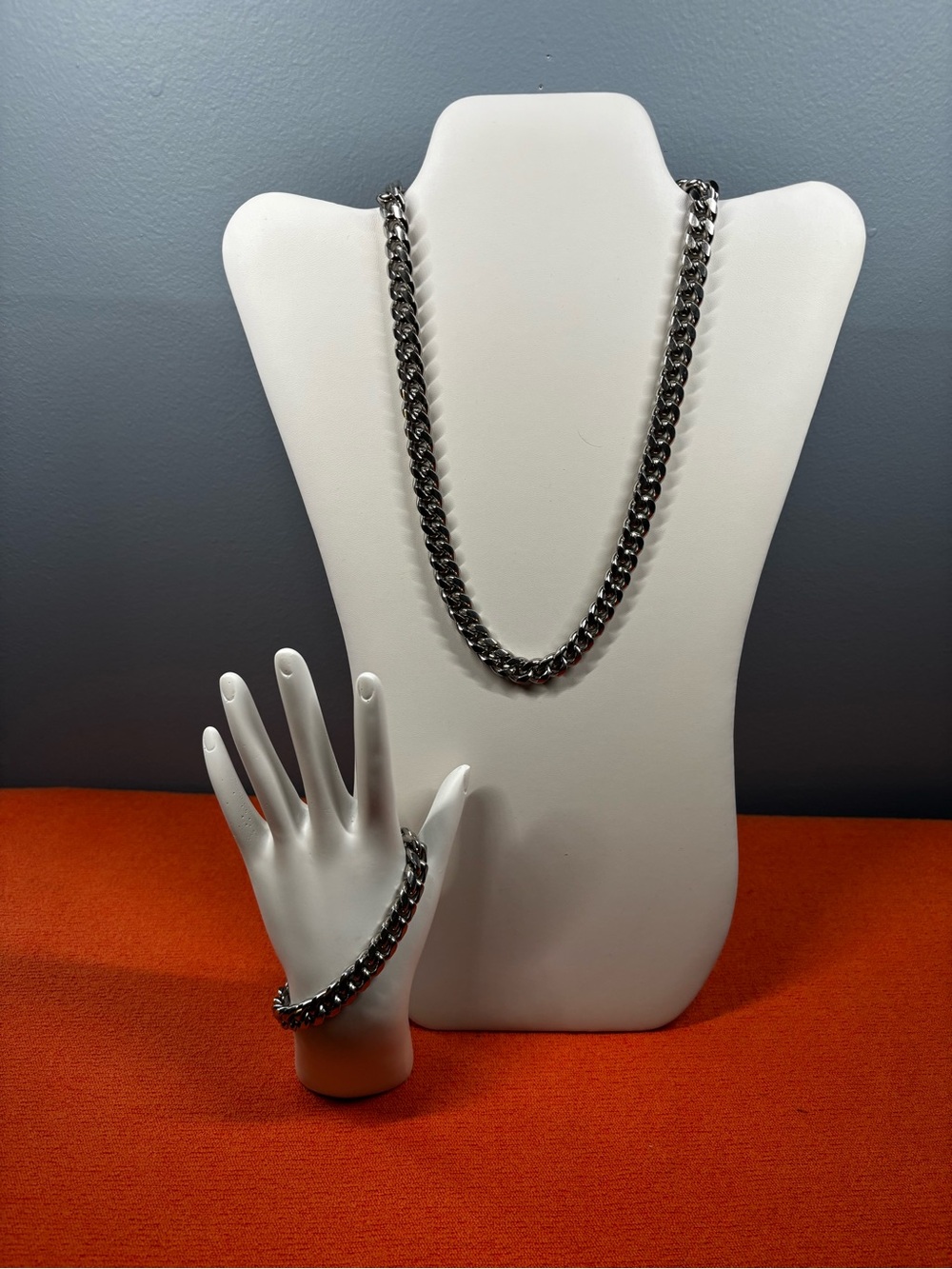 Men's Chunky Stainless Steel Cuban Link Chain and Bracelet Set
